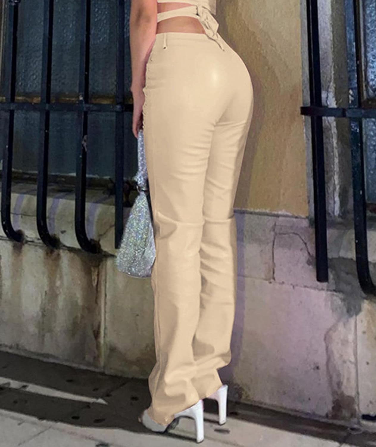 HLSOHJP Women's Lace Up PU Leather Pants Chic High Waist Hollow Out Drawstring Bandage Cut Out Faux Leather Trousers