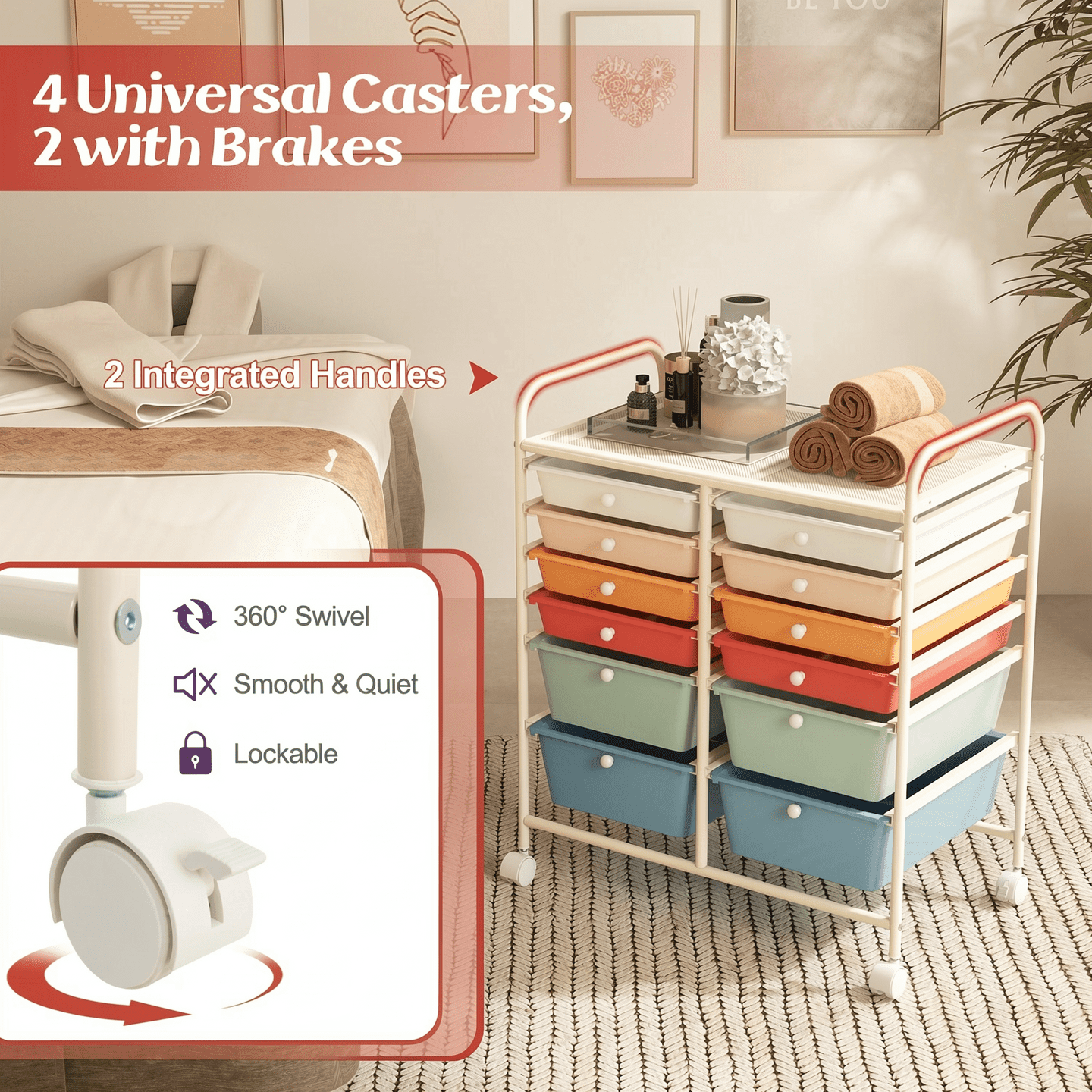 Furnibear 20-Drawer Clear & Color Cart Multi-Purpose Rolling Storage for Home & Hobby， Deep Multicolor