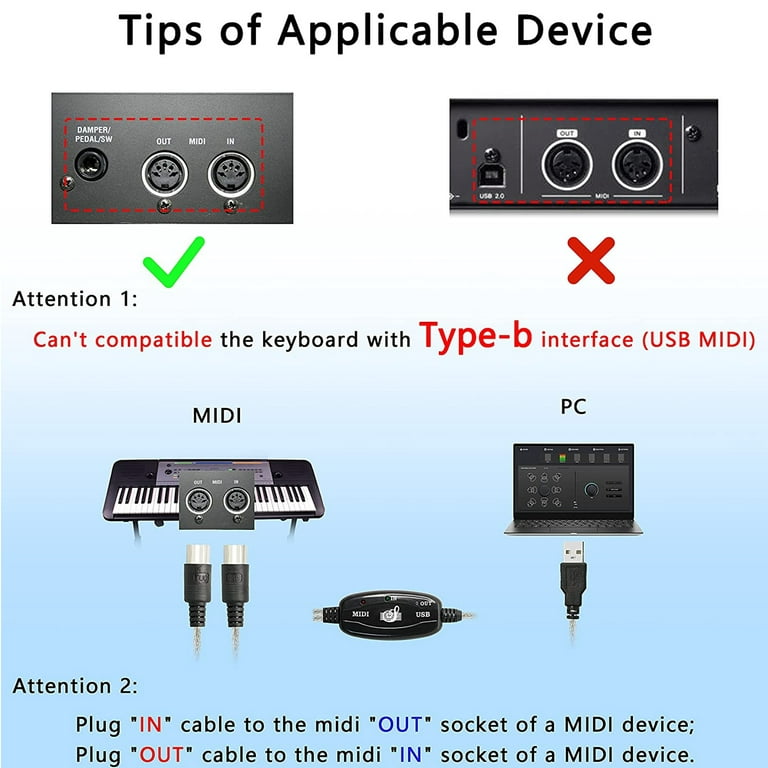MIDI to USB Cable, USB to MIDI Cable Converter 2 in 1 PC to Synthesizer  Music Studio Keyboard Interface Wire Plug Controller Adapter Cord 16  Channels, Supports Computer Laptop Windows and Mac 