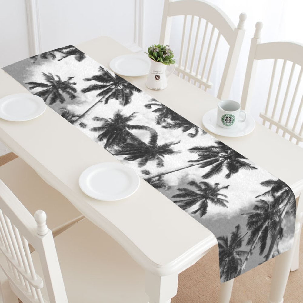MYPOP Black and White Palm Tree Table Runner Home Decor 14x72 Inch,Tropical Coconut Palm Tree