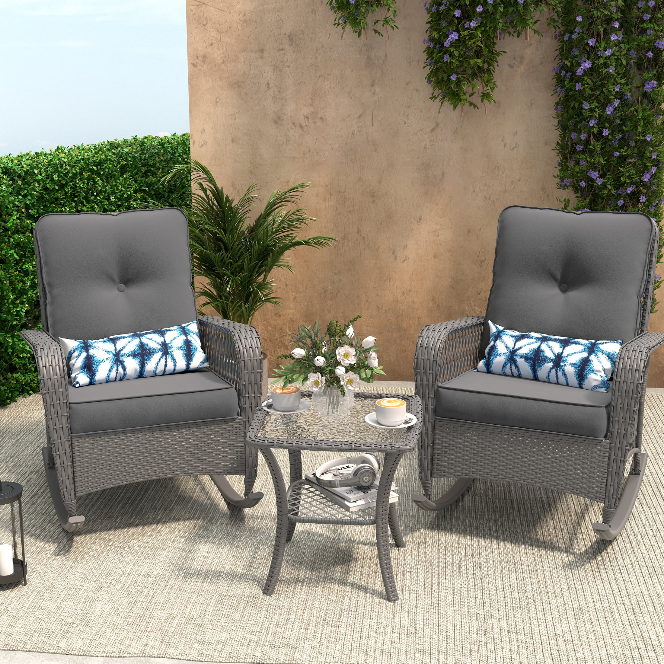 Poteban 3-Piece Outdoor Rocking Chairs, Wicker Patio Furniture with Thickened Cushions and Table for Porch (Gray)