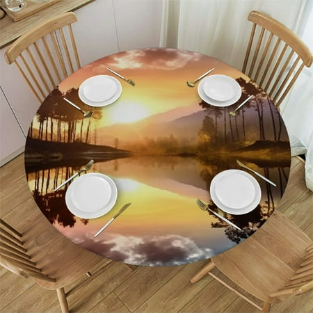 

Orinice Sunset Trees Lake Round Table Cover Stain Resistant Washable Indoor Outdoor Tablecloth Kitchen Dining Wedding Parties Picnic Farmhouse 100% Polyester Fiber 31-35