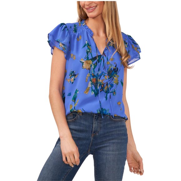 CeCe Womens Tie Neck Tier Flutter Ruffled Blouse, turqaqua, XL
