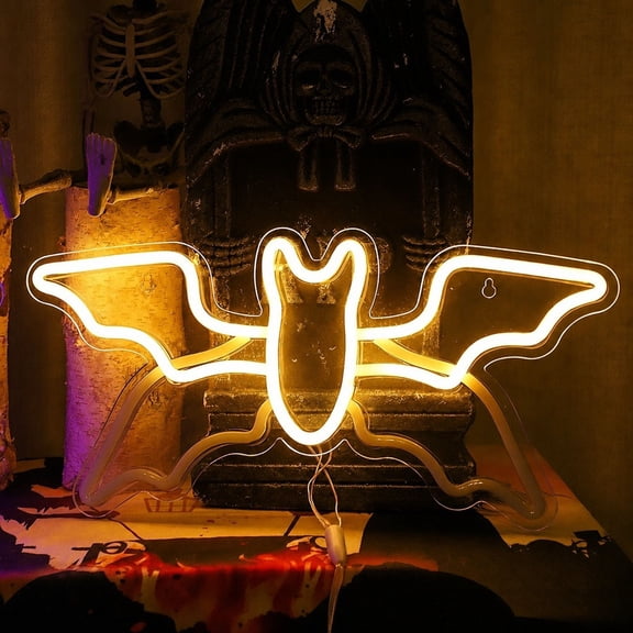 sruoe Halloween Bat Neon Light Sign, LED Wall Lamp Decor, Halloween Party Ornament, Halloween Glowing Decor for Porch Window Bedroom