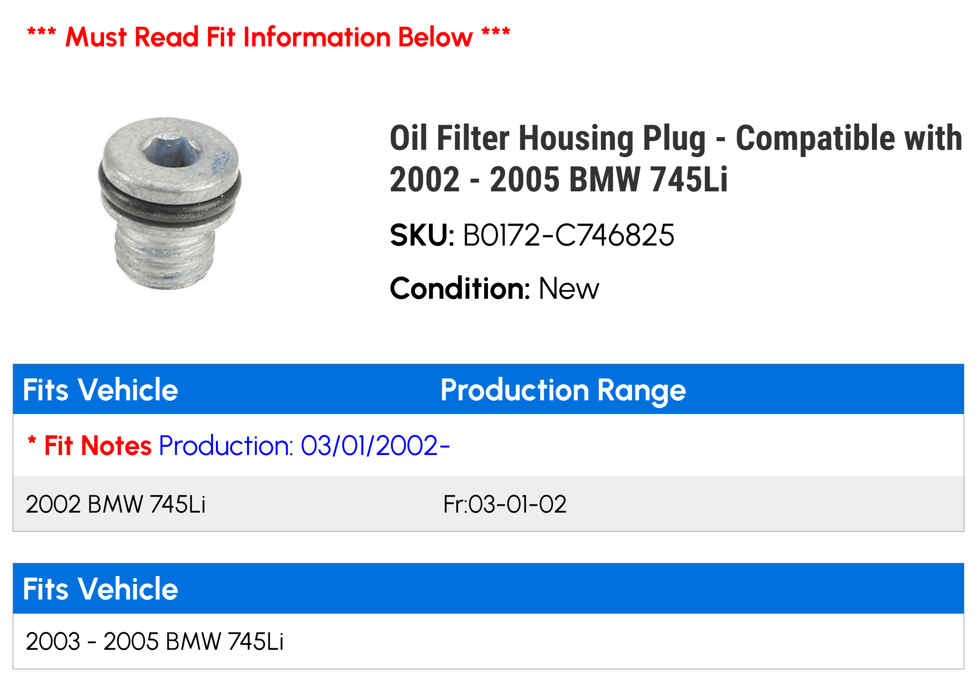 Oil Filter Housing Plug - Compatible with 2002 - 2005 BMW 745Li 2003 2004