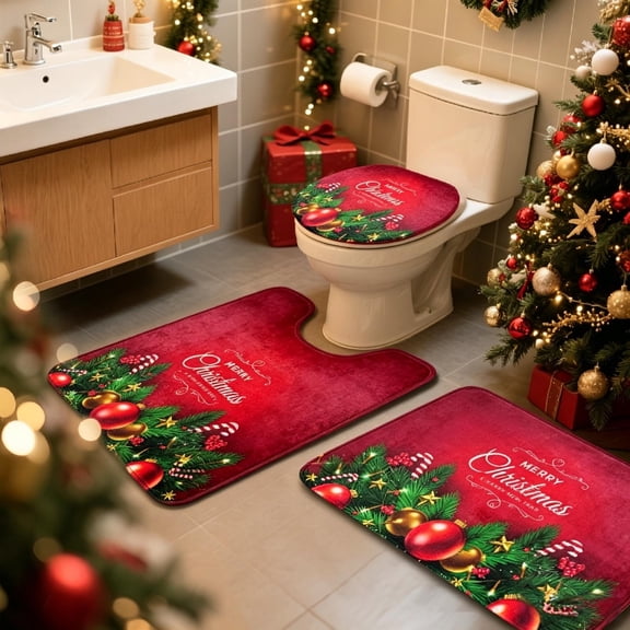 3PCS Christmas Bathroom Mat Set, Soft Non-Slip Absorbent Bath Rug Shower and Toilet Cover, for Festive Flooring Accessories