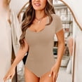 thumbnail image 2 of HBFAGFB Jumpsuit for Women Square Neck Ribbed Knit Short Sleeves Slim Versatile Rompers Khaki Size L, 2 of 5