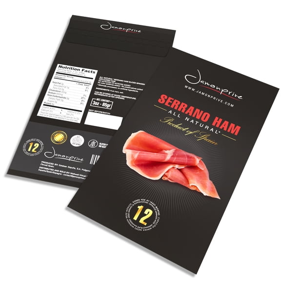 Spanish Serrano Ham Sliced Dry-Cured (12oz) - Gluten Free (3 oz Each, Pack of 4 Units) - Jamonprive