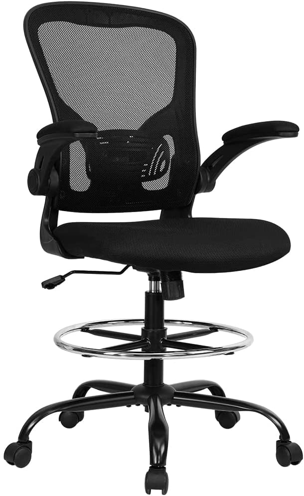 KLASIKA Tall Mesh Ergonomic Drafting Chair with Flip-up Arms Rest and Foot Ring 