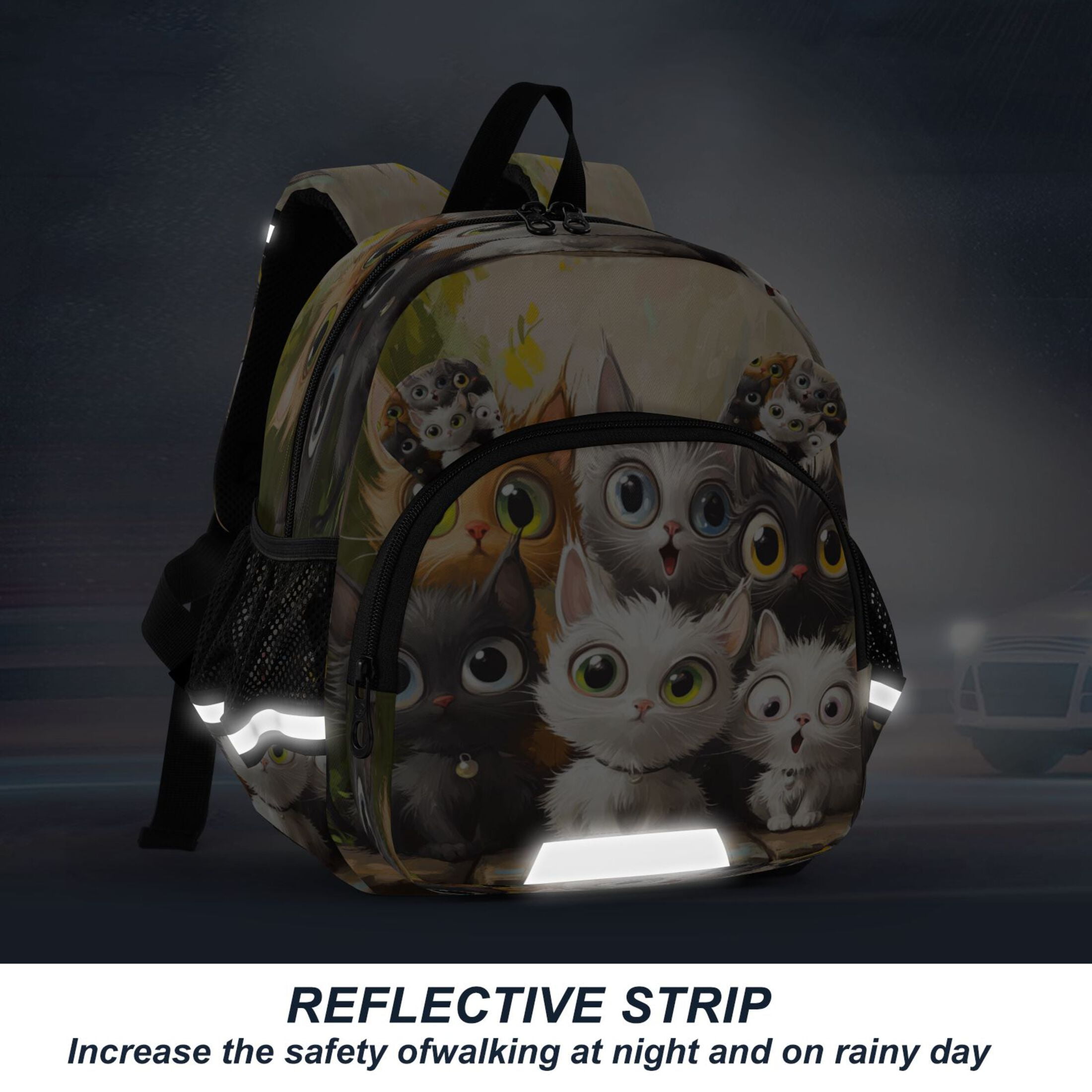 RMDQTR Adorable Ear-Print Backpack with Reflective Strip and Anti-Lost Leash Adjustable Shoulder Straps Mini Travel Backpack Cats with Big Eyes