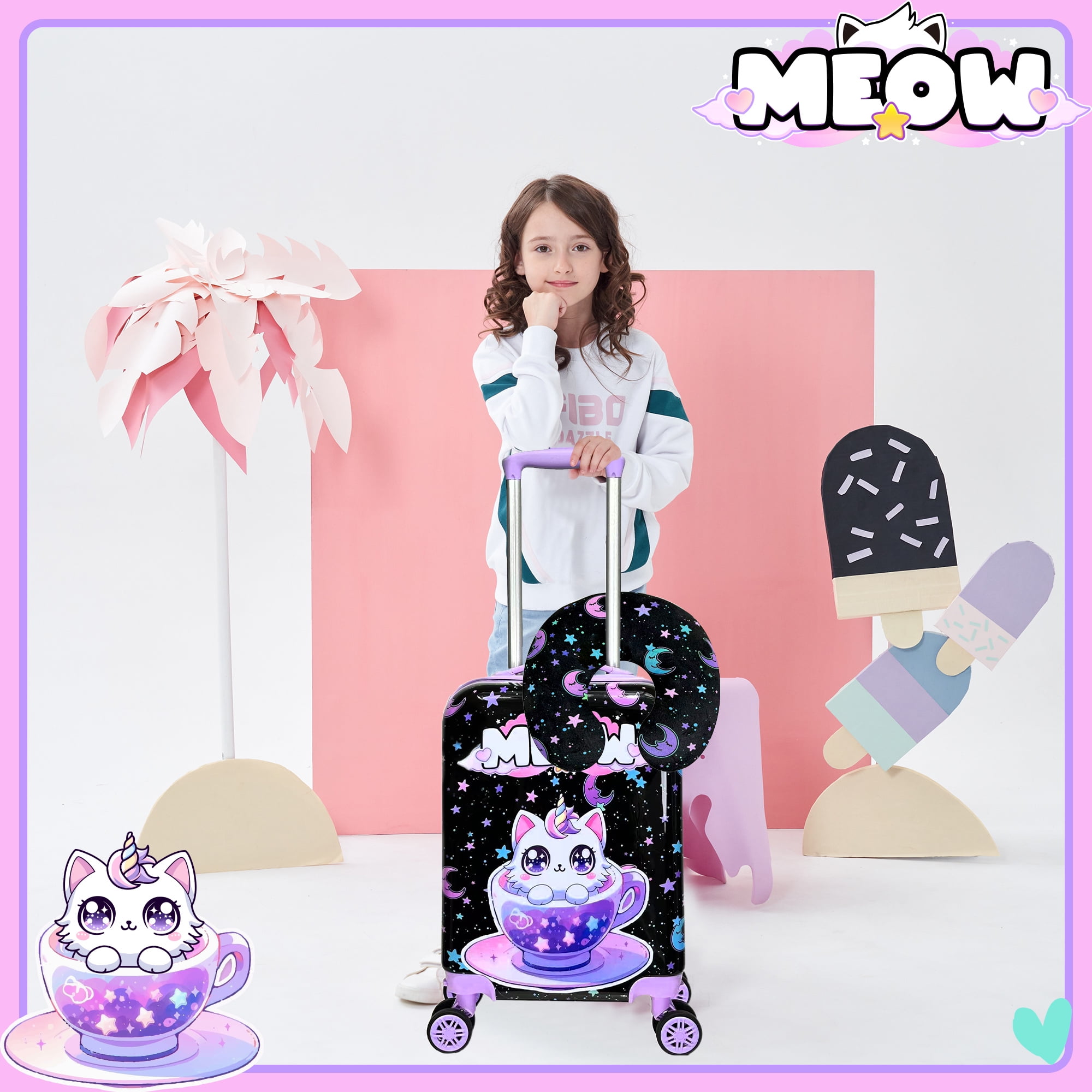 Kids Carry on Luggage Sets for Girls Rolling Small Suitcases with Wheels Travel Essentials for Kids with Travel Pillow 16 Inch Purple Cat