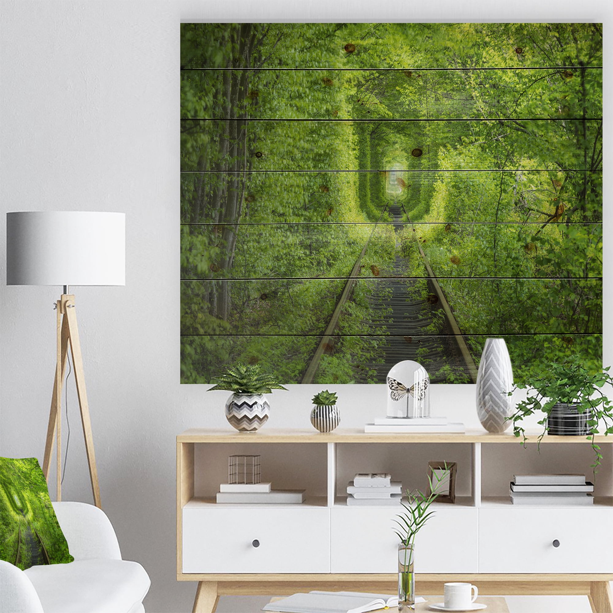 Designart 'Lush Green Forest around Rail Way Tunnel ' Landscape Print on Natural Pine Wood