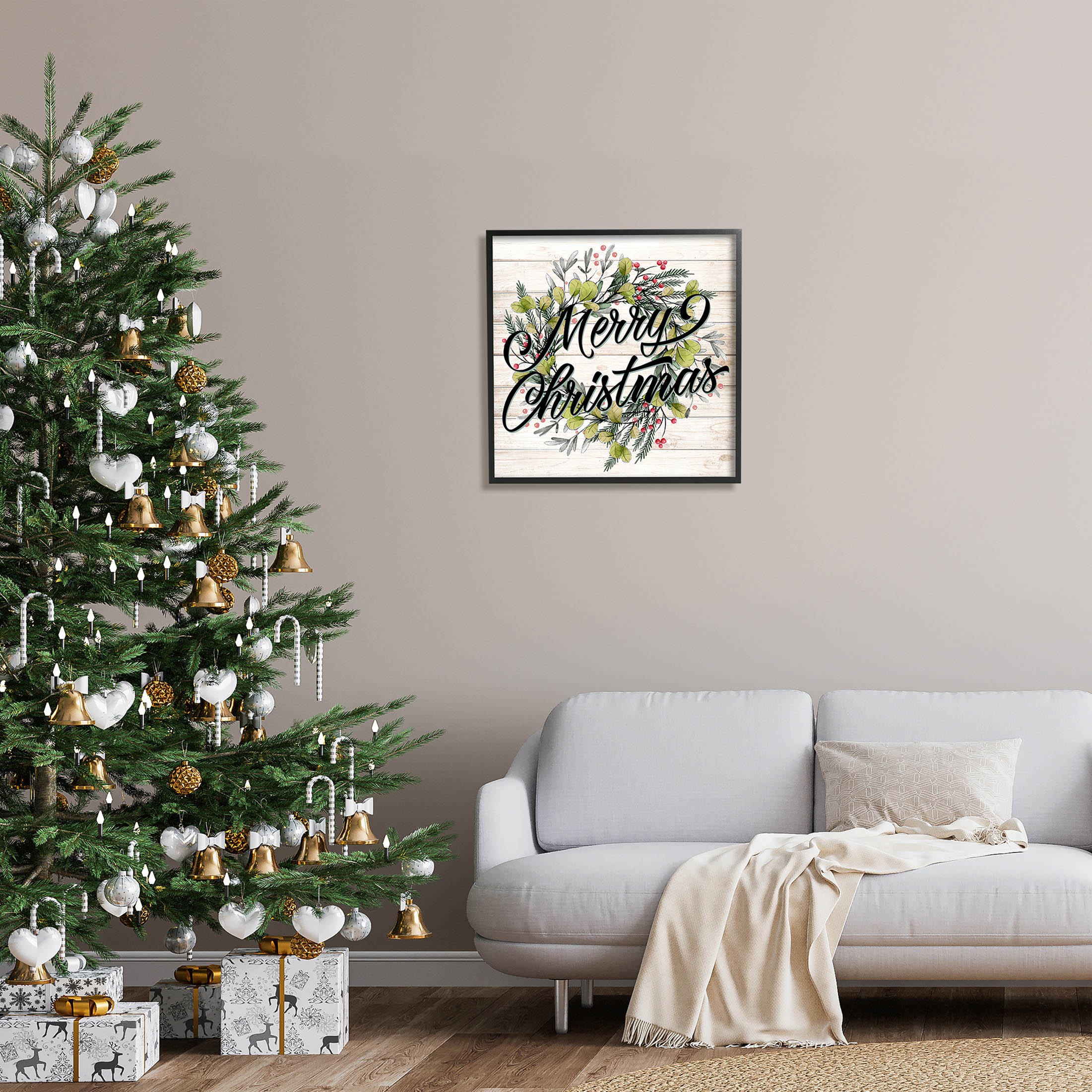 Stupell Industries Merry Christmas Botanical Wreath Graphic Art Black Framed Art Print Wall Art, Design by Kim Allen