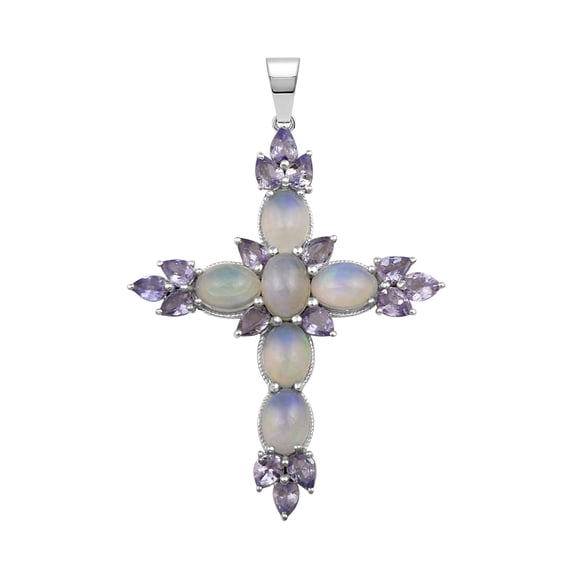 Mooneye 7X5mm Oval Opal Gemstone 925 Sterling Silver Religious Cross Women Gifts Pendant
