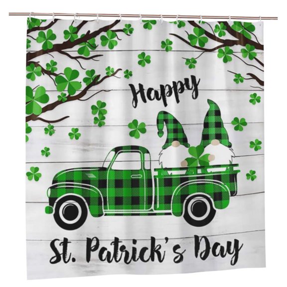 Happy St. Patrick's Day Shower Curtain, Green Clover Shamrock Leaf Irish Gnome on Rustic Wooden Farmhouse Fabric Shower Curtain, Cute Buffalo Plaid Truck Bathroom Decor with Hooks, 72X72 Inch