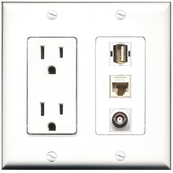 RiteAV - 15 Amp Power Outlet 1 Port USB A-A 1 Port BNC 1 Port Cat6 Ethernet Ethernet White Decorative Wall Plate