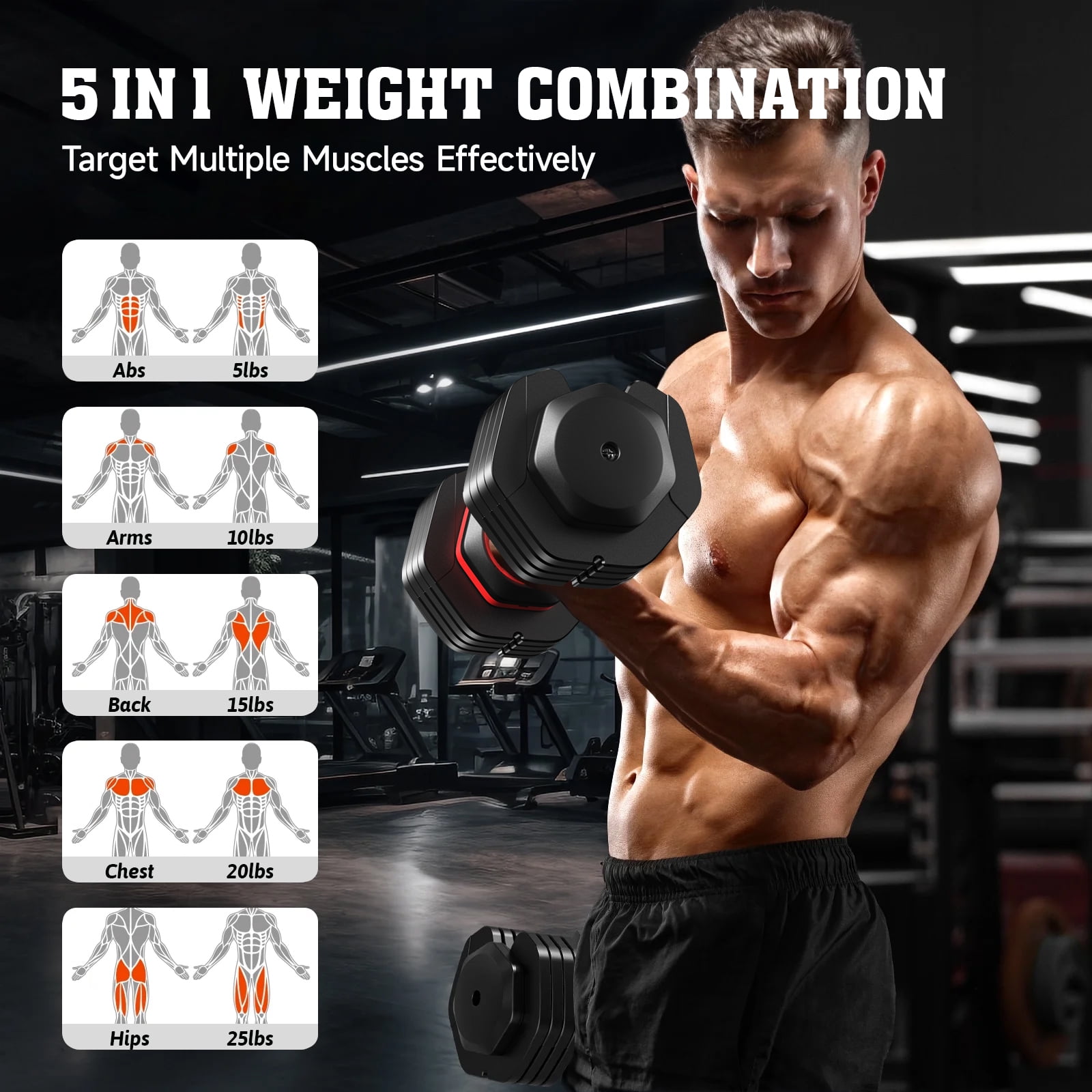 LNOW 25lbs (1 Pair) Quick Select Adjustable Dumbbells for Homm 5 in 1 Free Weights 5/10/15/20/25lb/50lb Dumbbell with Anti-Slip HanSuitable for Home Gym Exercise Equipment