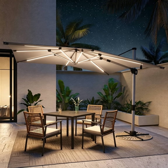 KAMEROUT Gray 10 ft Cantilever Patio Umbrella with Solar Lights, Windproof Offset Umbrella for Outdoor Garden Deck