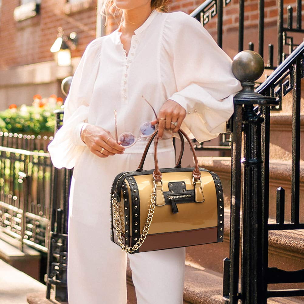 Shiny Patent Faux Leather Handbags Barrel Top Handle Satchel Bag Shoulder Bag for Women