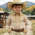 thumbnail image 2 of Kids Western Cowboy Style Long Sleeve Print Casual Button Down Shirt for Boys Daily Wear Khaki 140, 2 of 4