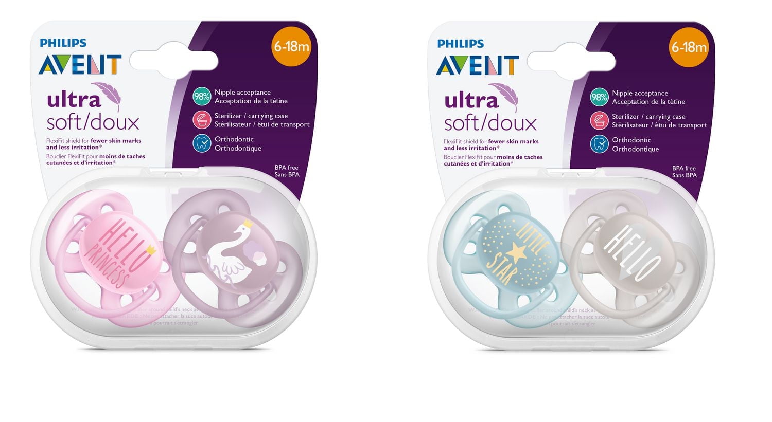Philips Avent Ultra Soft Pacifier, 6-18 months, Mixed, 2 pack, SCF228/01, 2 pack Ultra Soft Pacifier