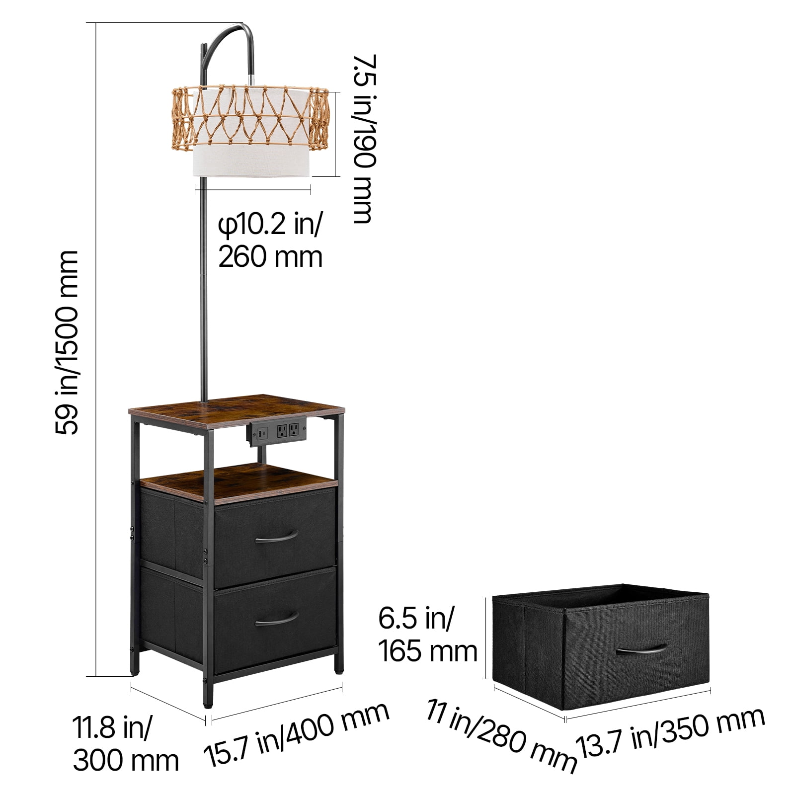 VEVOR Floor Lamp with Table, 2-Tier End Table with 2 Drawers and 3 Color Temperature LED Bulb, Modern Side Nightstand Bedside Desk with USB & Type C & AC Charging Port for Living Room, Bedroom, Dorm