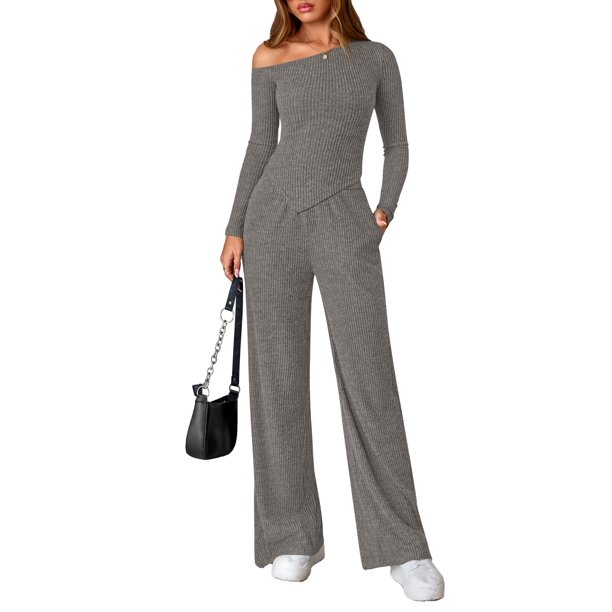 Conjunto de Dos Piezas PRETTYGARDEN Top Asimétrico de Punto Gris Talla L