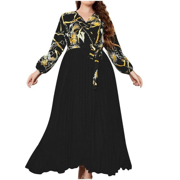 Women's Maxi Dress V Neck Long Sleeve Floral Print Tie Waist A Line Flowy Casual Party Evening Dresses