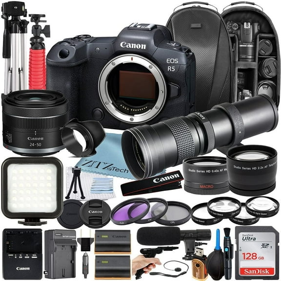 Canon EOS R5 Mirrorless Camera with RF 24-50mm   420-800mm Super Telephoto Zoom Lens   128GB SanDisk Memory Card   Backpack   Tripod   ZeeTech Accessory Bundle