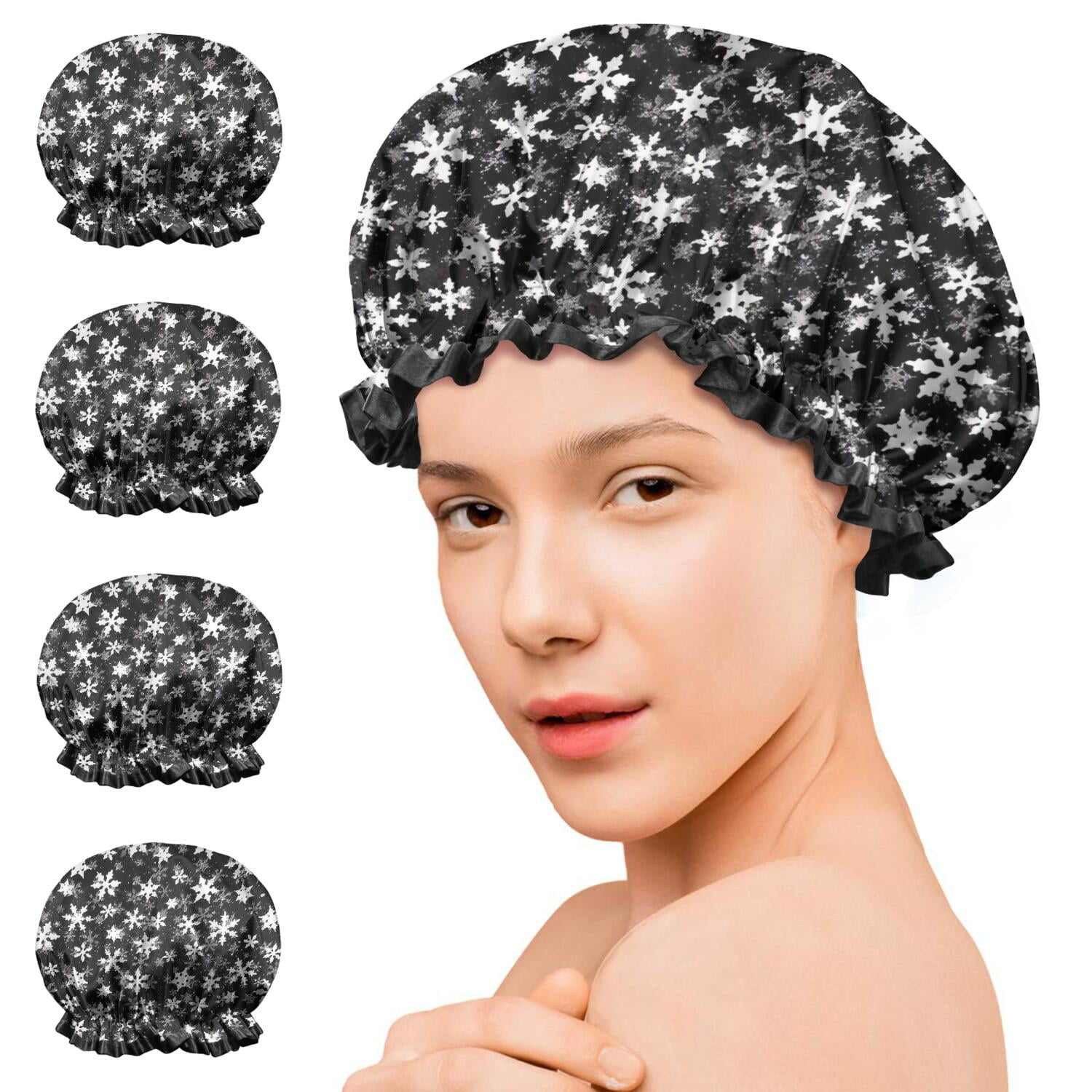 Shower Caps,Black Christmas Snowflake Pattern Waterproof Shower Cap for Women 4 Pieces,Double Reusable Hair Cover for Shower PEVA Elastic Stretch Hem