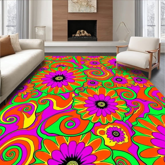 Flatwoven High Traffic Area Rug, Retro Psychedelic Daisy Circle With Vibrant Floral Swirls, Non Slip, Stain Resistant, Washable Area Rugs for Living Room, Bedroom(Orange, 4X6)