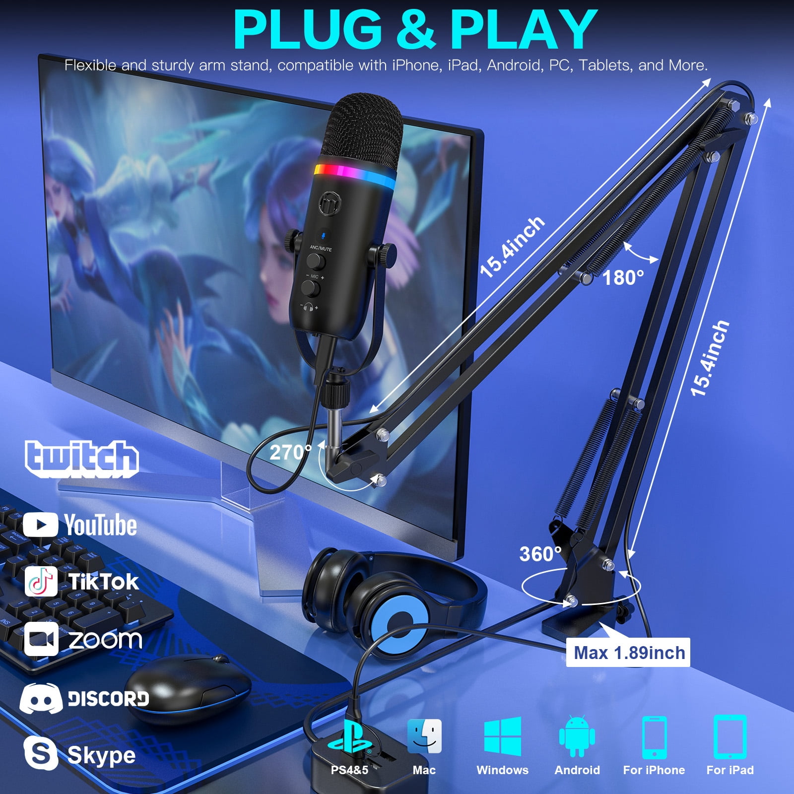 ZealSound Podcast Microphone for PC/Mac/iPhone – USB Studio Mic with Noise Cancellation, RGB Lighting, Mute, Gain, Monitoring & Echo, Boom Arm & Pop Filter, Streaming, Recording, TikTok, YouTube