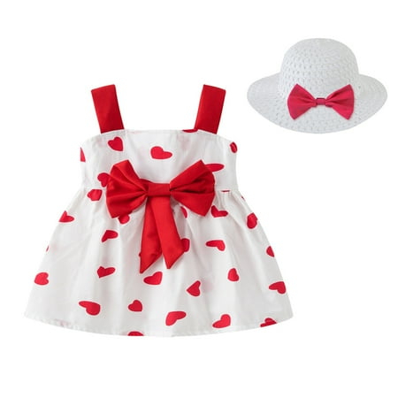 

TUOBARR Summer Savings Clearance 2023! Girls Summer Dress Toddler Baby Girl Summer Cute Print Suspender Skirt Bowknot Princess Dress+Hat Set Watermelon Red 90
