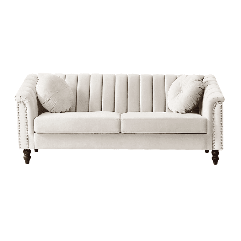 Wood Modern Velvet Upholstered Outdoor Sofa Couch with Beige Cushions, 3 Seat Tufted Back with Nail Arms with 2 Pillows