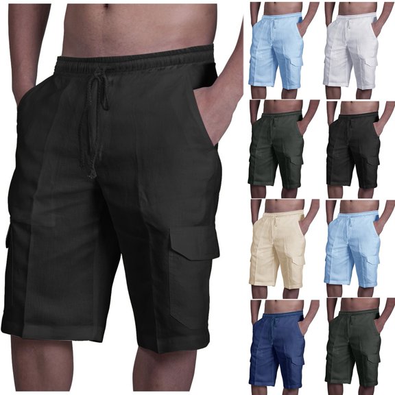 Mens Cotton Linen Shorts Casual Elastic Waist Drawstring Lightweight Summer Beach Cargo Shorts with Multi Pocket Big and Tall Size M-3XL White