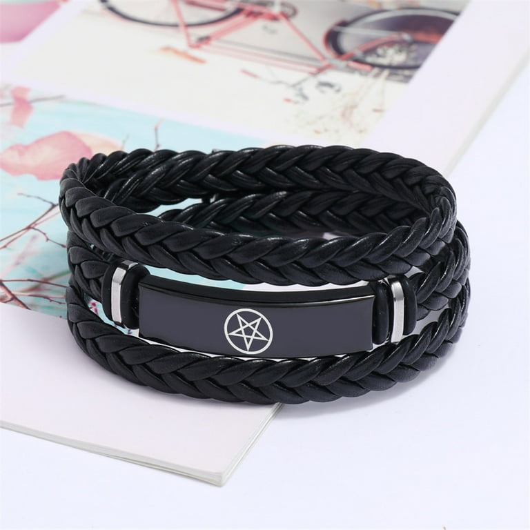 Punk Inverted Pentagram Pentacle Leather Bracelet for Men Women Biker Pagan  Symbolic Wicca Bangle Cool Man Jewelry, Black