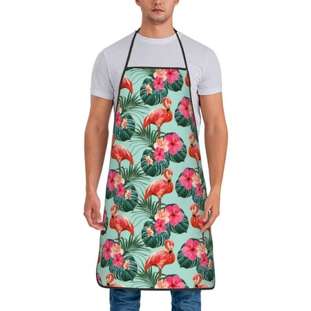 

Wukai Palm Leaves Flamingo Print Aprons Adjustable Bib Aprons Cooking Kitchen Chef Apron for Women and Men