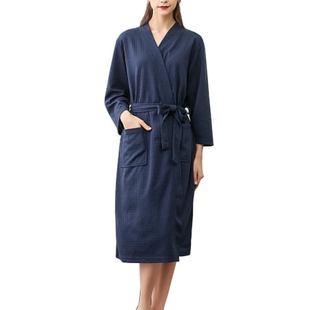 

3PCS Women Water Absorption Bath Robe Solid Waffle Bathrobe Spa Home Dress Nightgown navy blue