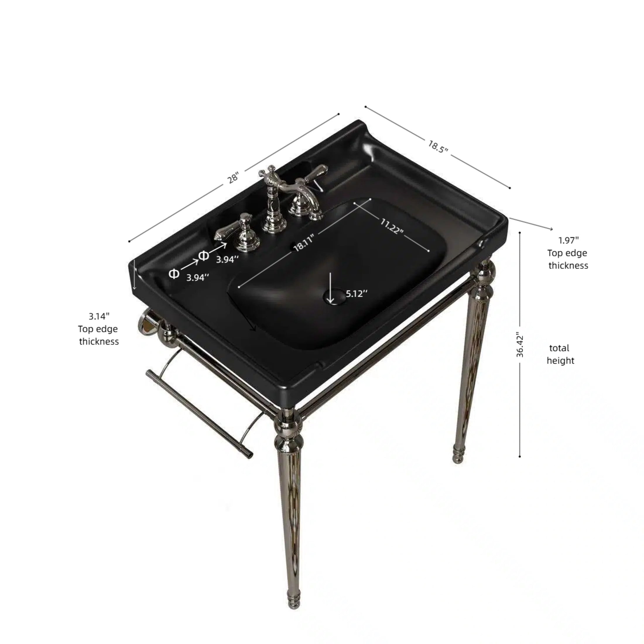 Noble House VICI 28" Bathroom Console Sink, Wall-Mounted Ceramic Basin Vanity with Stainless Steel Legs, Black & Chrome