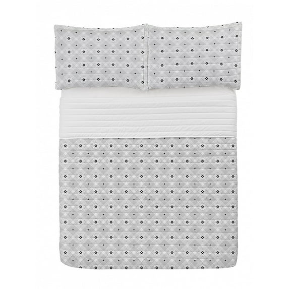 Black and White Microfiber Bedspread Set, Geometric Diagonal Squares and Stripe Forms Pattern Modern Style Design, Soft Bedding Set with Pillow Shams & Comforter, 3 Sizes, White Black, by Ambesonne