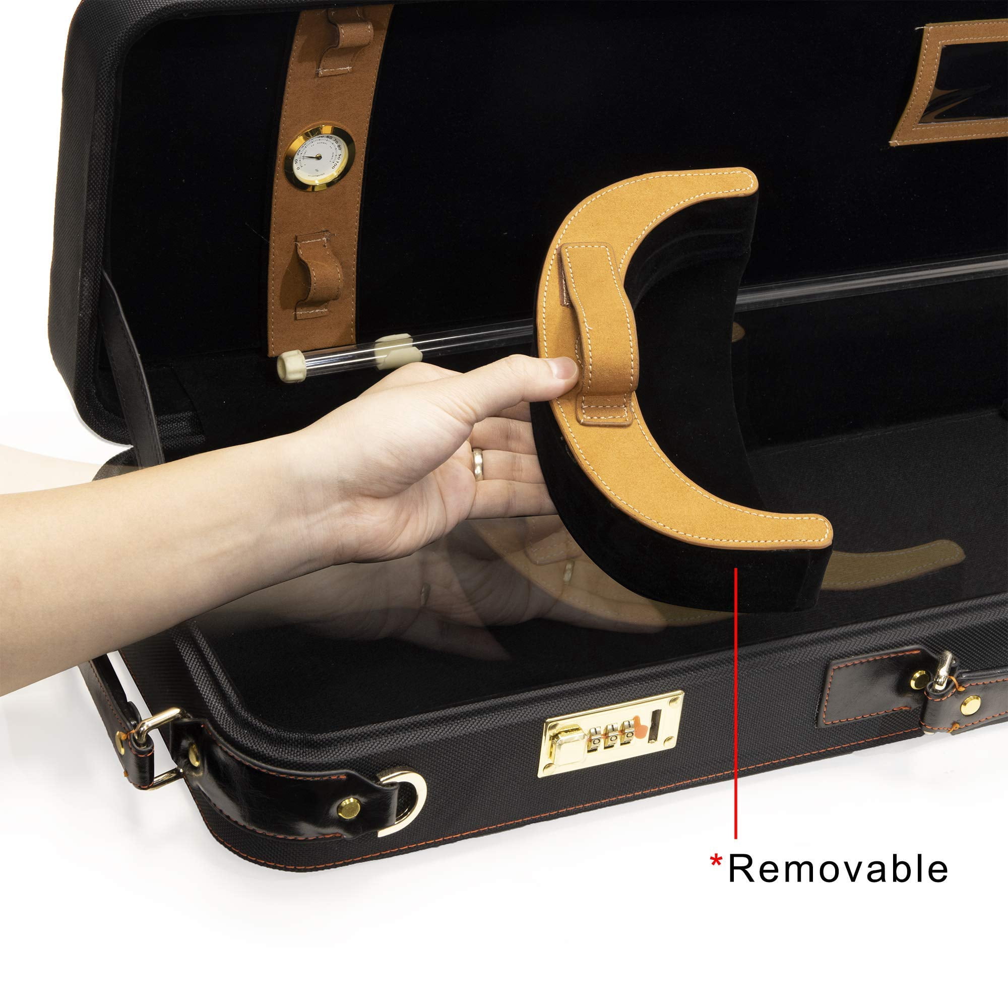 MI&VI Deluxe Hardwood Violin Travel Case 4/4 (Full Size) With Leather Handles | Adjustable Shoulder Straps | Thermal Insulation | Oblong Shape | Photo Pocket | Hygrometer- By MIVI Music (Black/Black)
