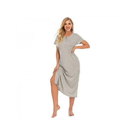 

Women s Striped Over The Knee Long Nightdress Short Sleeve Homewear