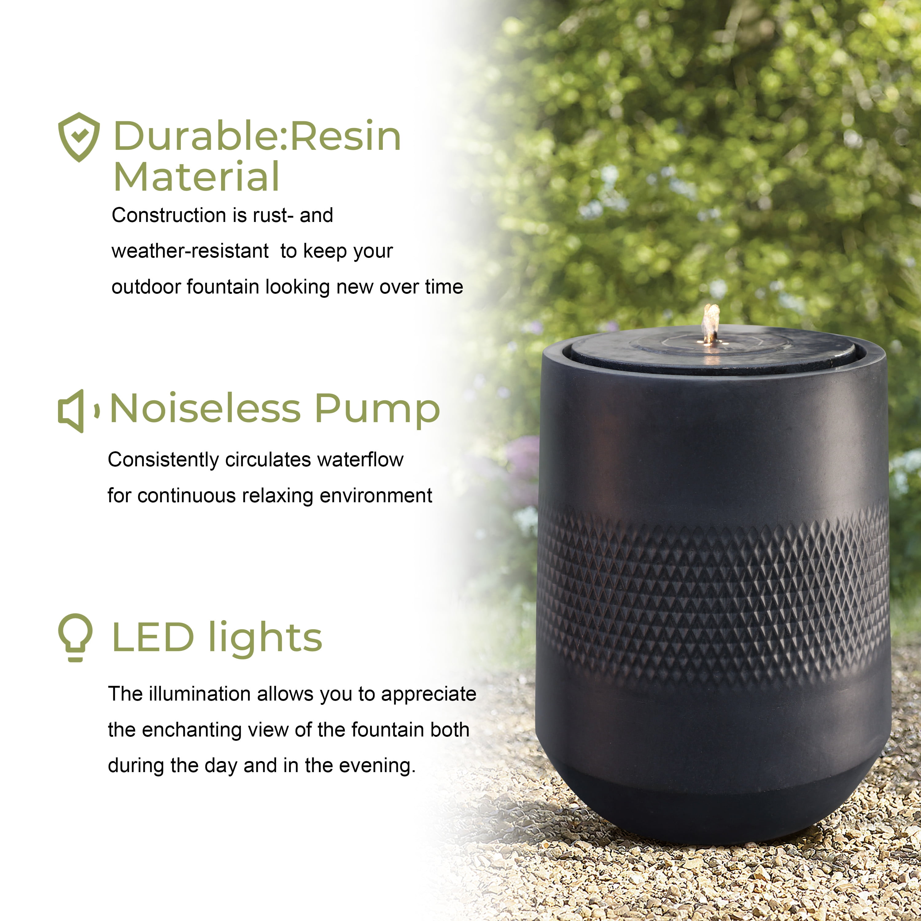 LuxenHome Dark Gray Resin Round Bubbler 23" Tall Outdoor Fountain with Lights, Solar Powered