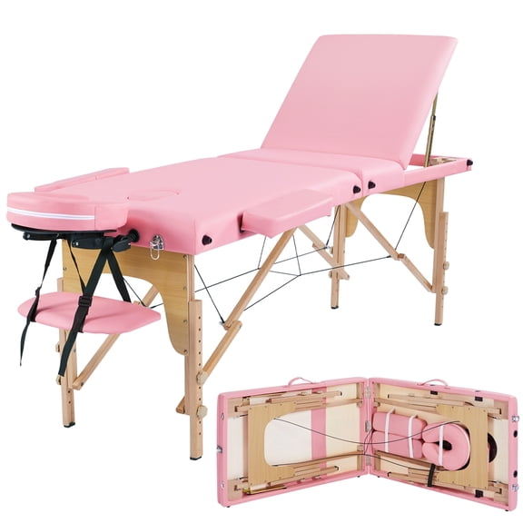 Renwick Wooden Portable Massage Table with Headrest and Hand Pallet, Pink