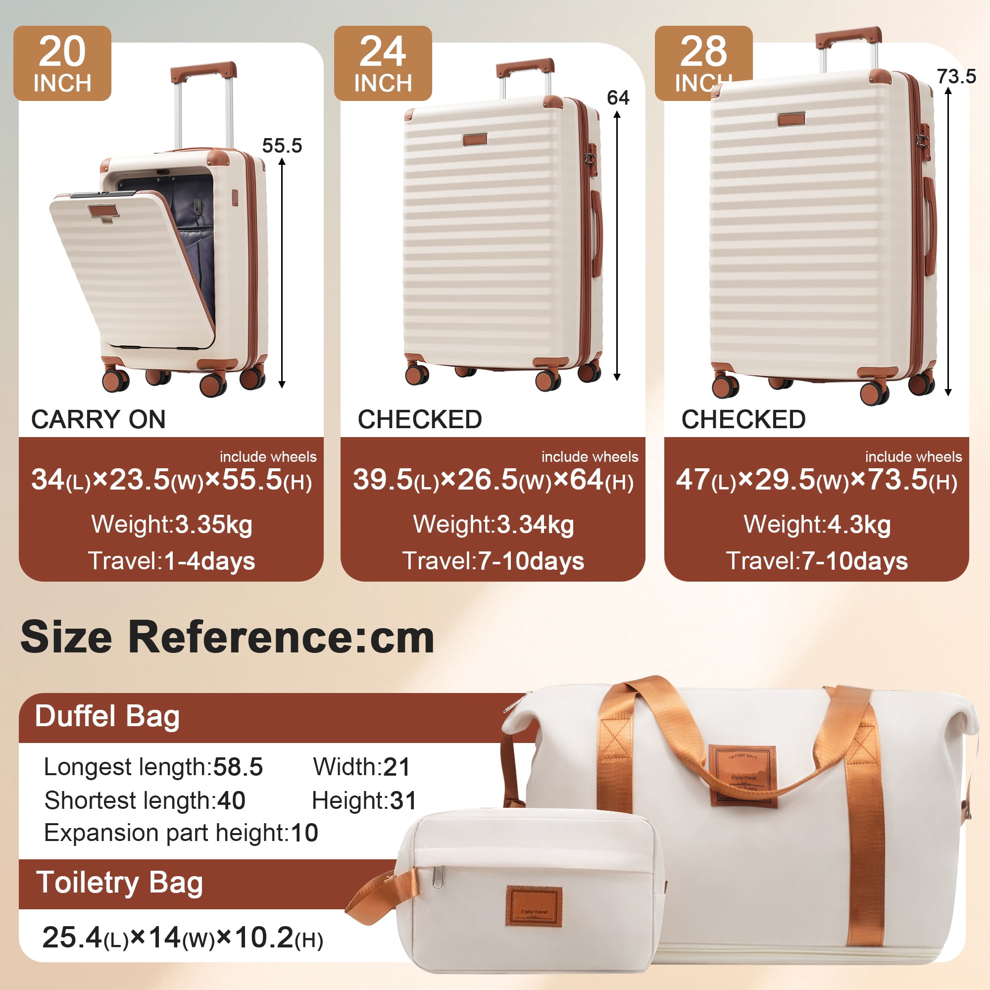 Luggage Sets 5 Piece with Front Opening , Hardside Expandable Carry on Suitcase with Spinner Wheels TSA Lock USB Port Cup Holder Duffel Bag and Toiletry Bag