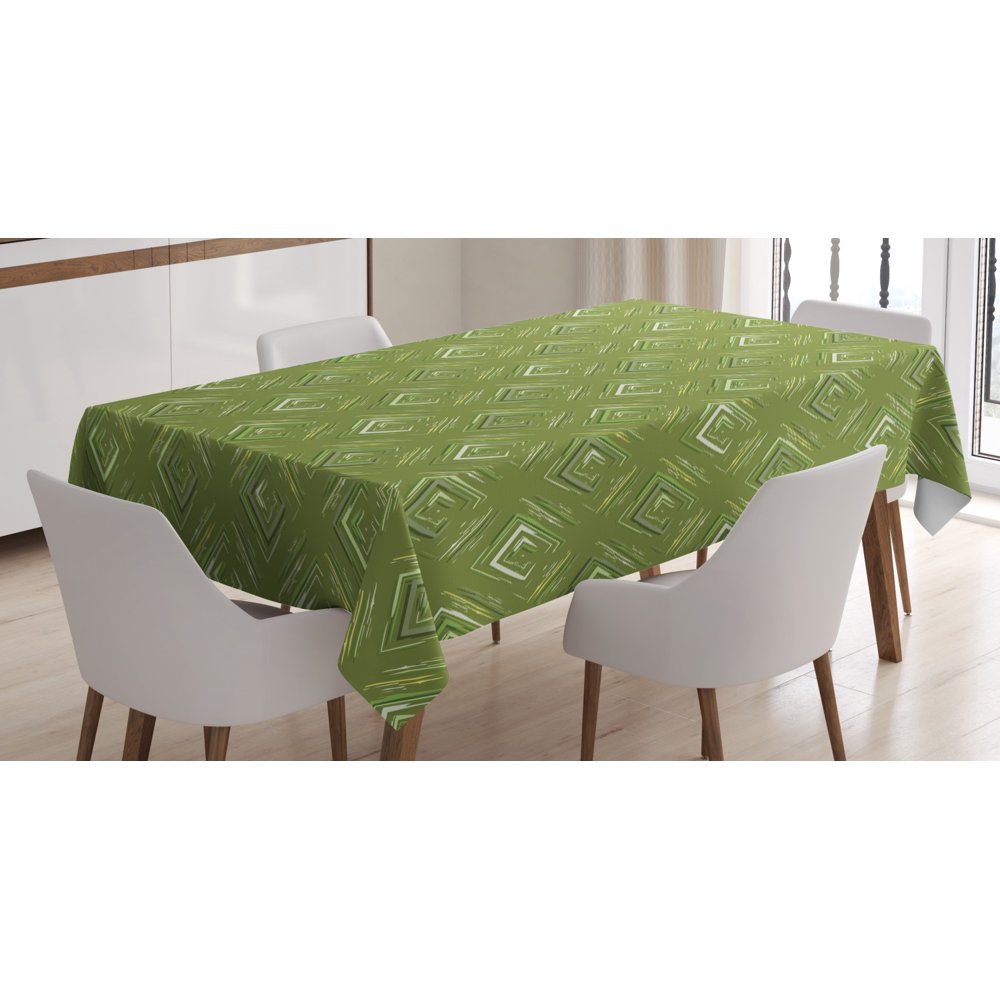 Olive Green Tablecloth, Grunge Geometric Pattern Square Shape Diagonal