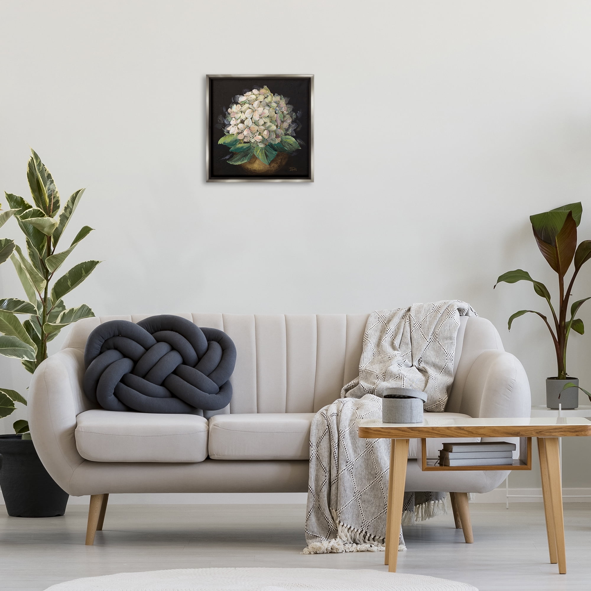 Stupell Industries Potted Hydrangea Plant Plants & Flowers Painting Gray Floater Framed Canvas Art Print Wall Art, 18 x 18