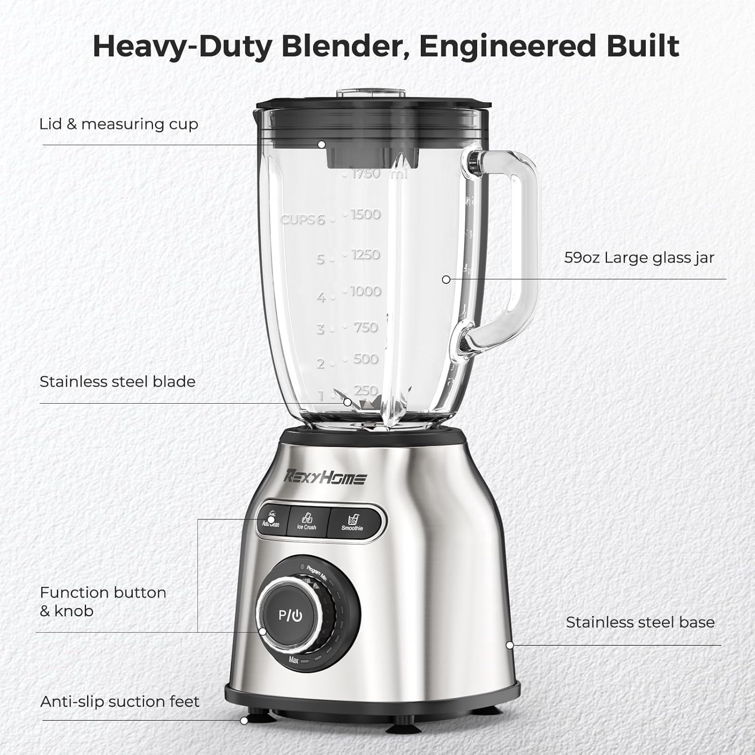 1000W Countertop Blender with 3 Auto Programs, 59oz Glass Jar, 8-Speeds & Pulse for Smoothies, Ice Crushing, Shakes, and Auto Clean