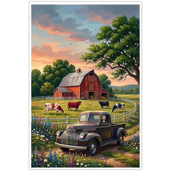 Farmhouse Canvas Wall Art Rustic Red Barn Cows Sunset Landscape Print Pictures with Vintage Truck Wildflowers Countryside Wall Decor for Living Room Bedroom Home