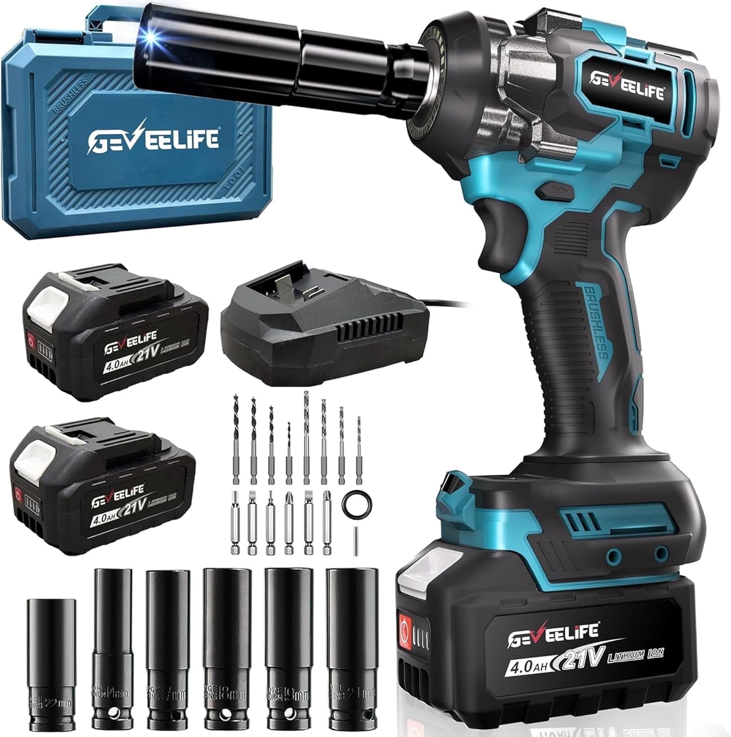 GEVEELIFE Impact Wrench 480Ft-lbs(650N.m) Brushless, 1/2 Impact Gun with 2x4.0Ah Battery, Cordless Impact Wrench, 6 Sockets, 8 Drill Bits, 3300RPM Power Electric Impact Driver for Car/DIY Furniture